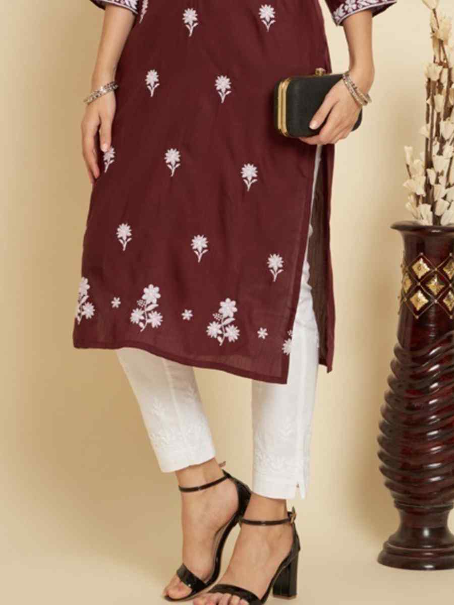 Maroon Soft Slub Cotton Embroidered Festival Casual Kurti