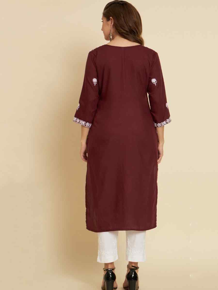 Maroon Soft Slub Cotton Embroidered Festival Casual Kurti