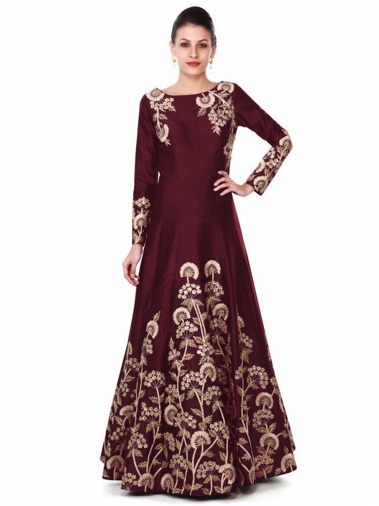 Maroon Taffeta Silk Embroidered Party Gown