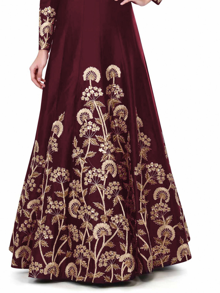 Maroon Taffeta Silk Embroidered Party Gown