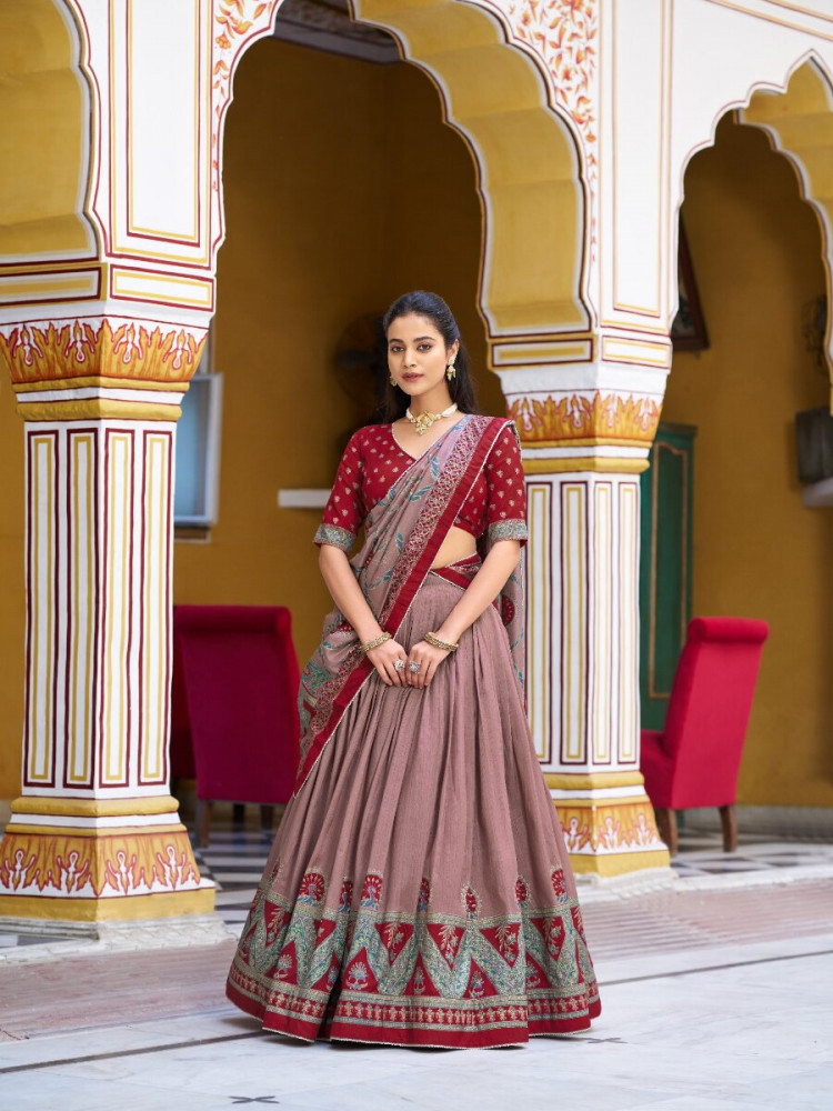 Image of Maroon Tasar Silk Tasar Silk Lace Work Wedding Reception Party Festival Heavy Border Lehenga Choli