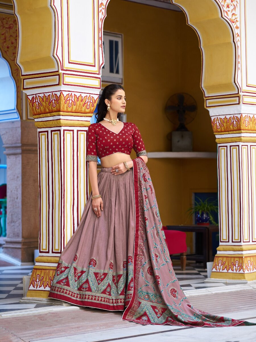 Maroon Tasar Silk Tasar Silk Lace Work Wedding Reception Party Festival Heavy Border Lehenga Choli