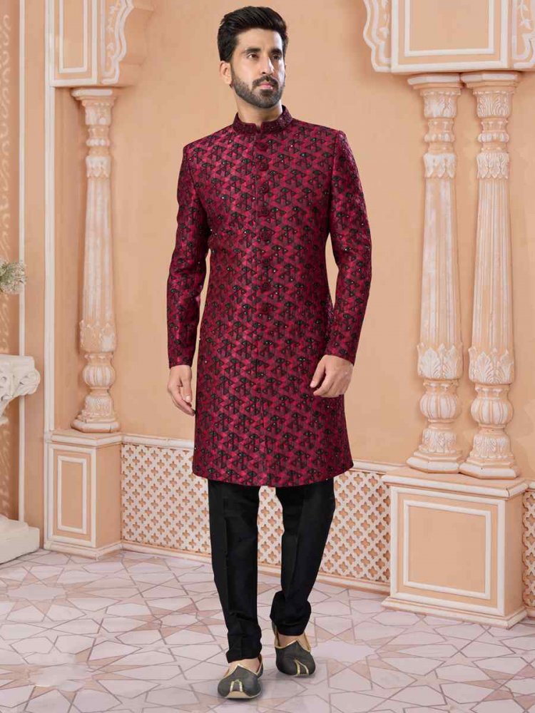 Maroon to Black Singham Jacquard Embroidered Groom Wedding Sherwani
