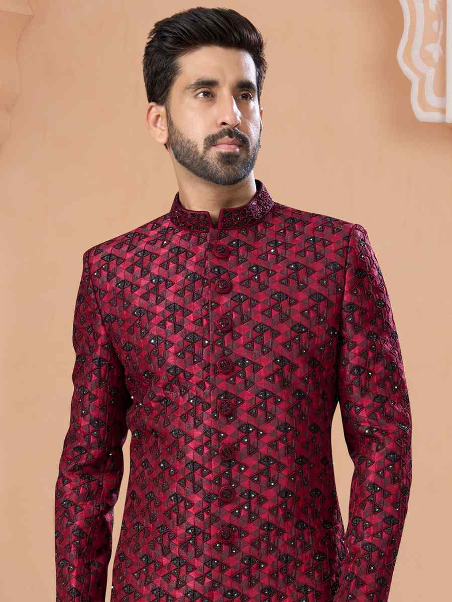 Maroon to Black Singham Jacquard Embroidered Groom Wedding Sherwani