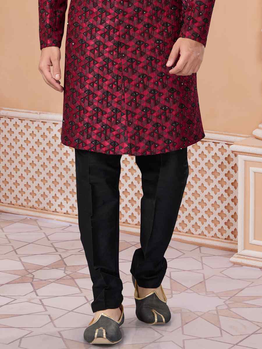 Maroon to Black Singham Jacquard Embroidered Groom Wedding Sherwani