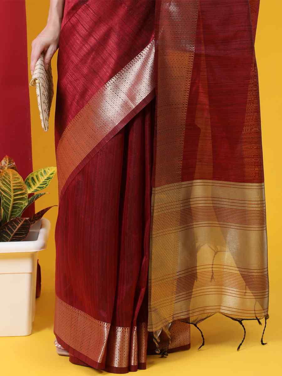 Maroon Tussar Silk Handwoven Wedding Festival Heavy Border Saree