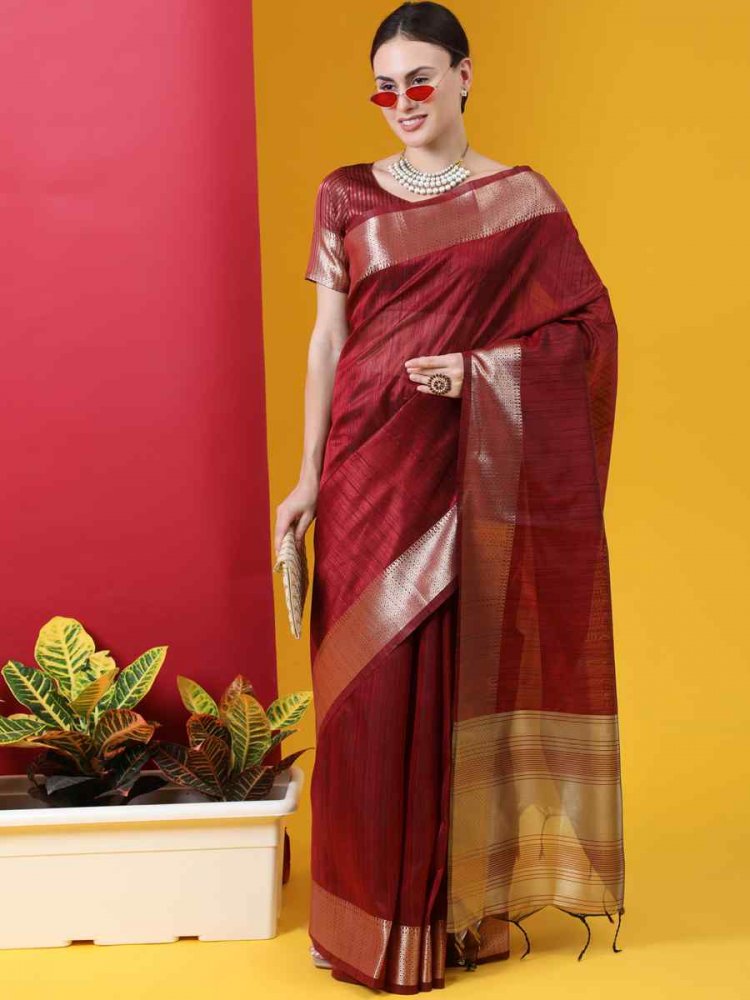 Maroon Tussar Silk Handwoven Wedding Festival Heavy Border Saree