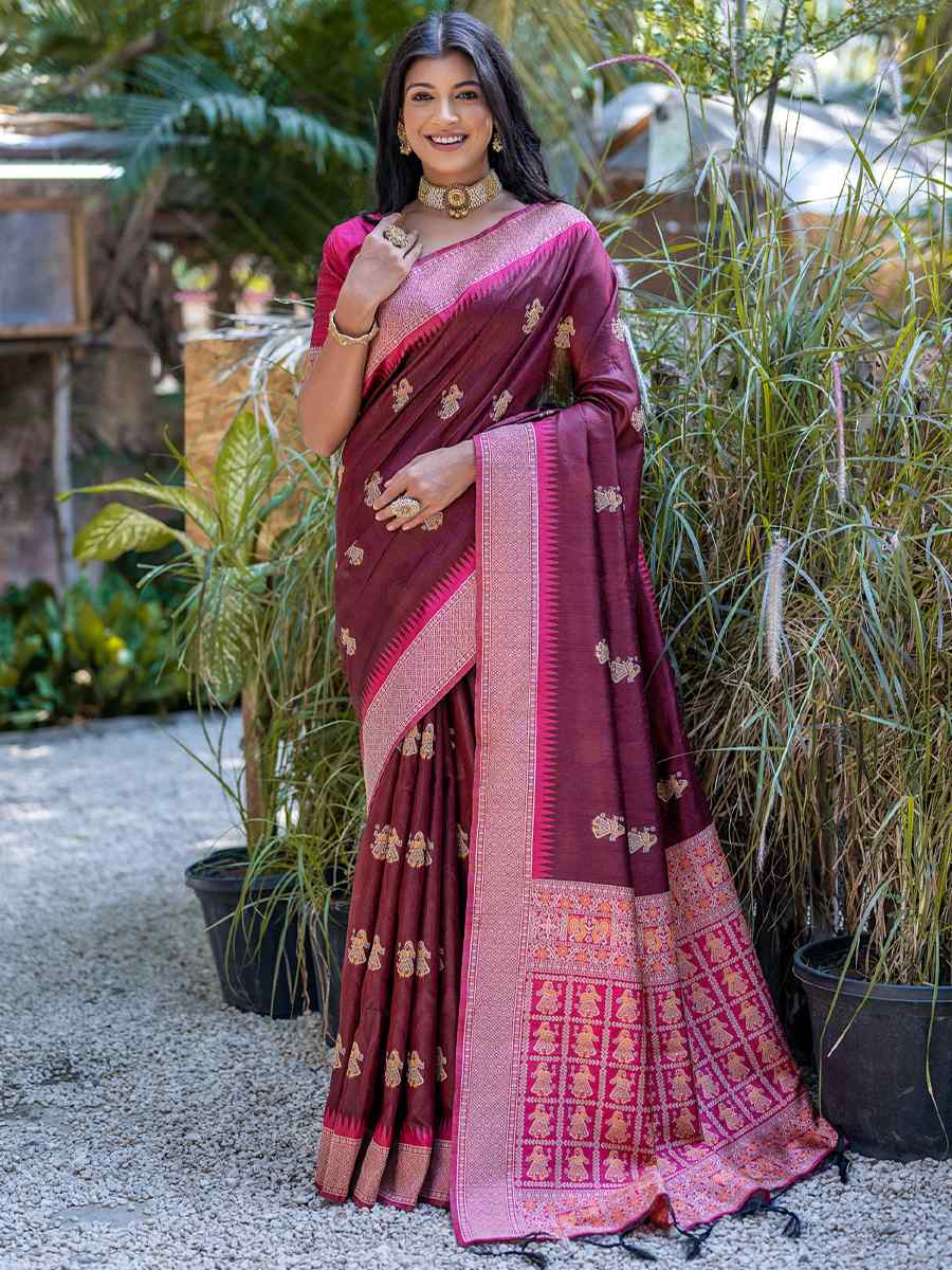 Maroon Tussar Silk Handwoven Wedding Festival Heavy Border Saree