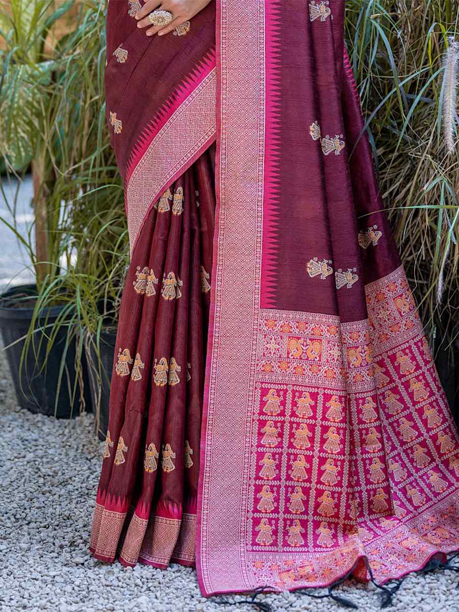 Maroon Tussar Silk Handwoven Wedding Festival Heavy Border Saree