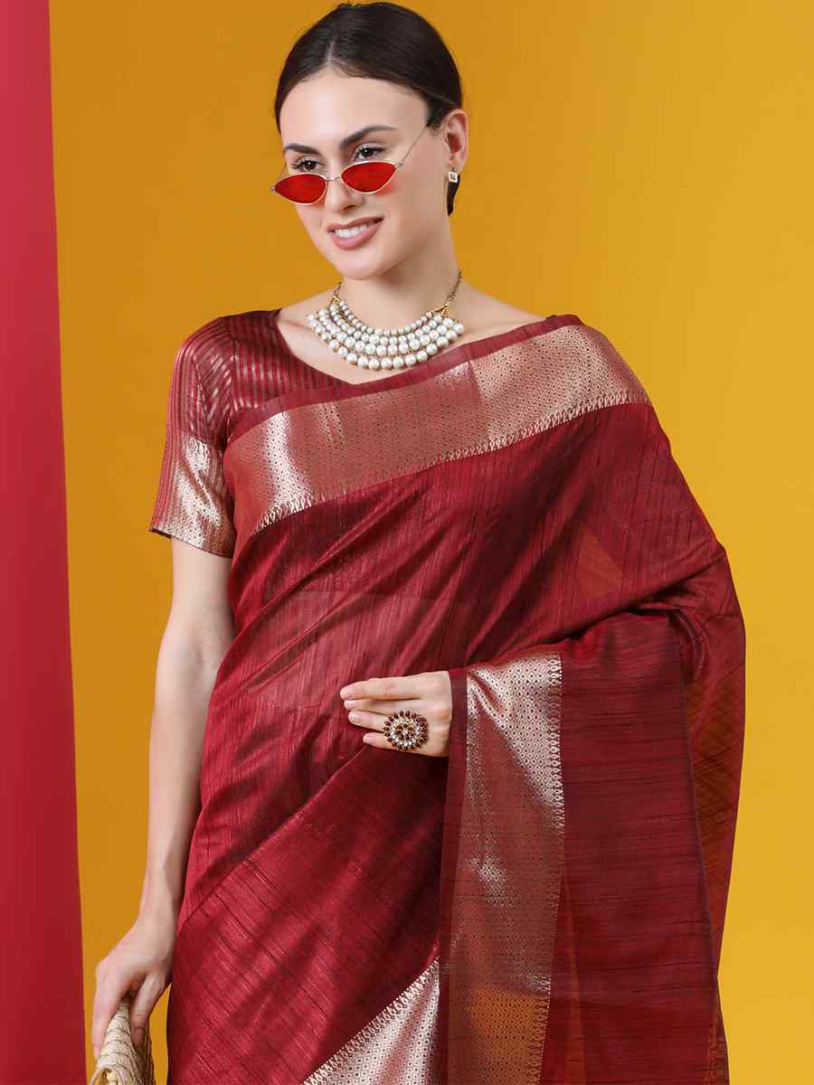 Maroon Tussar Silk Handwoven Wedding Festival Heavy Border Saree