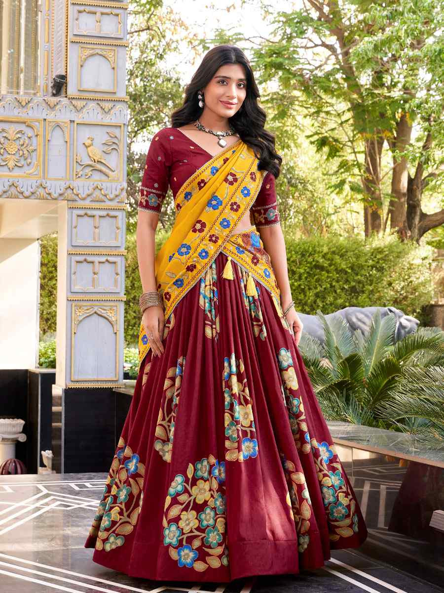 Maroon Tussar Silk Printed And Foil Work Festival Traditional Lehenga Choli