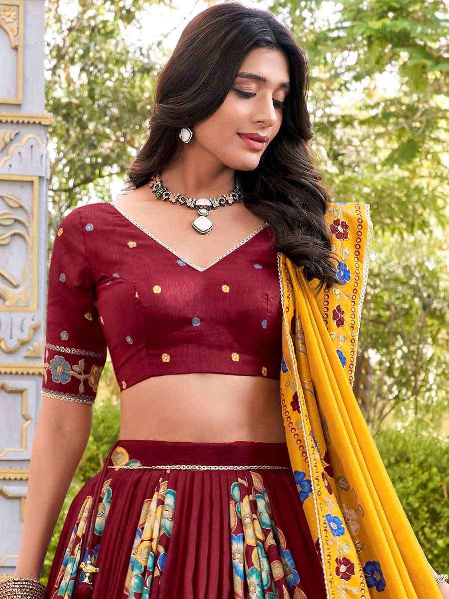 Maroon Tussar Silk Printed And Foil Work Festival Traditional Lehenga Choli