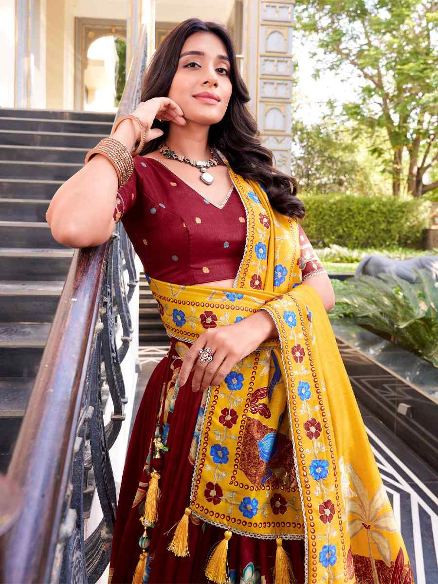 Maroon Tussar Silk Printed And Foil Work Festival Traditional Lehenga Choli