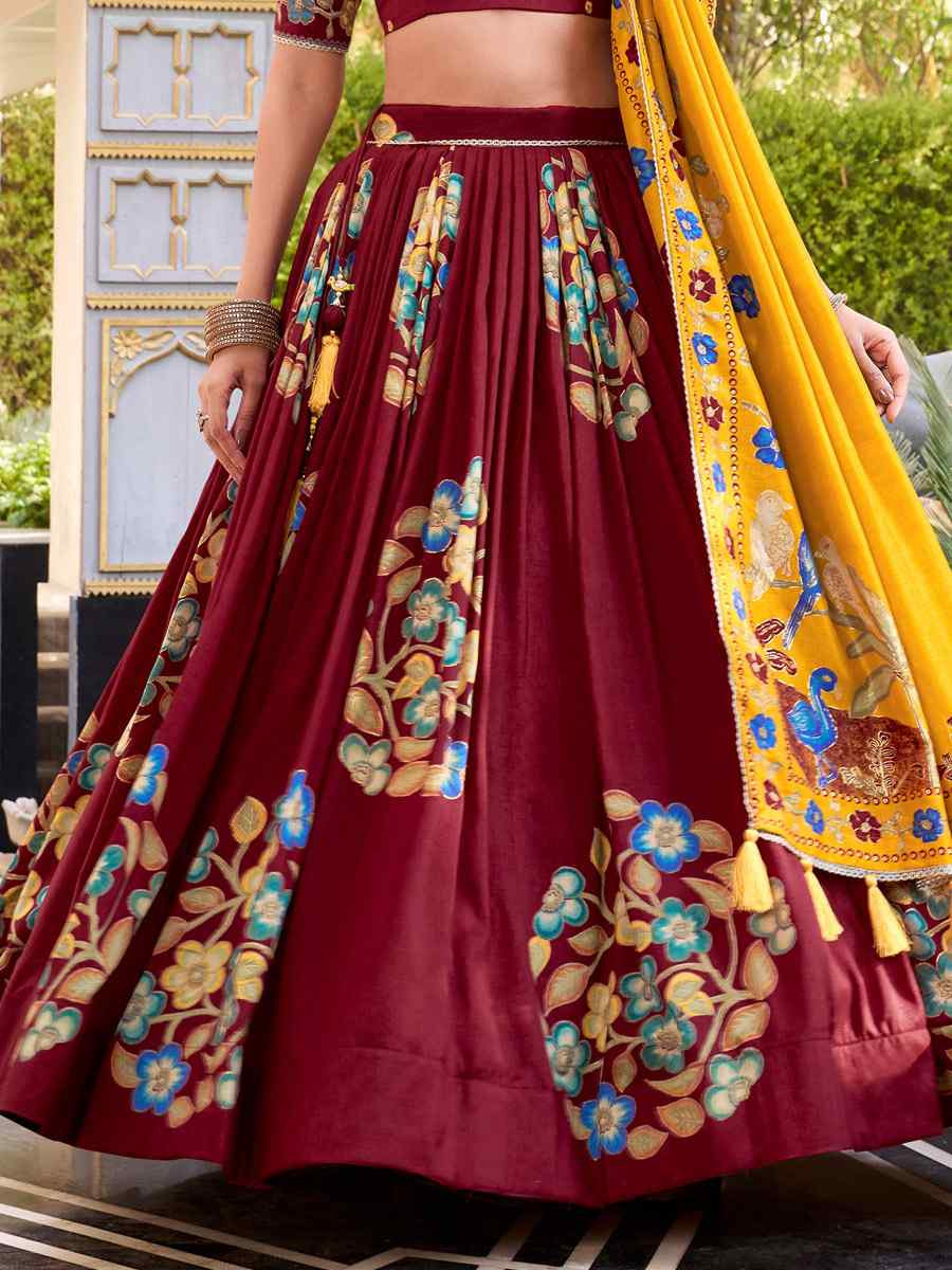 Maroon Tussar Silk Printed And Foil Work Festival Traditional Lehenga Choli