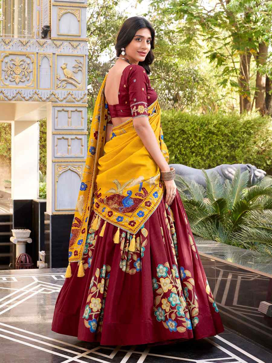 Maroon Tussar Silk Printed And Foil Work Festival Traditional Lehenga Choli