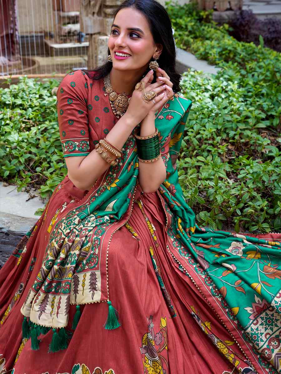 Maroon Tussar Silk Printed Reception Wedding Lehenga Choli