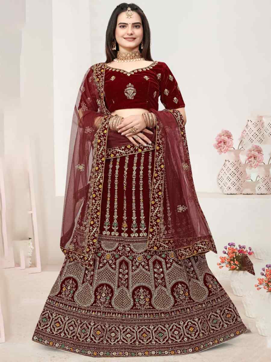 Maroon Velvet Embroidered Bridal Wedding Heavy Border Lehenga Choli