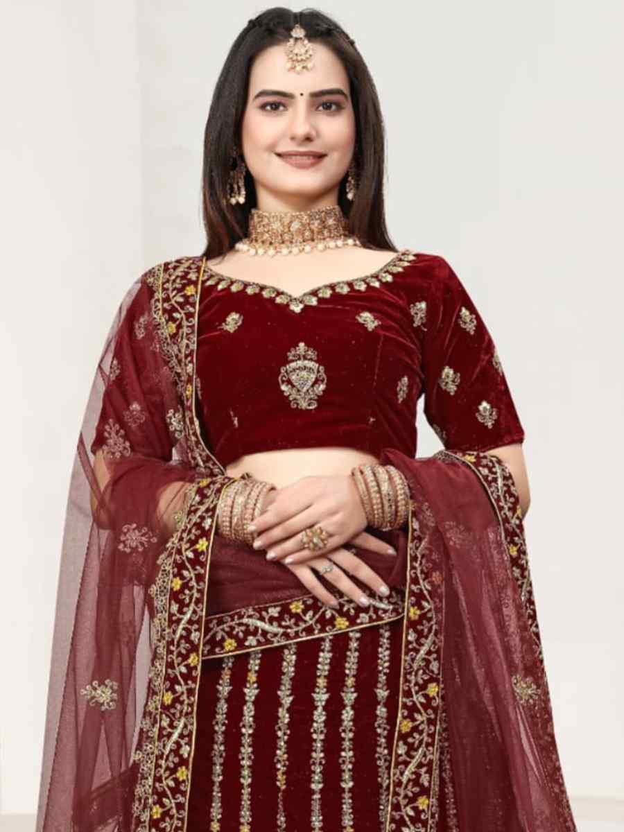 Maroon Velvet Embroidered Bridal Wedding Heavy Border Lehenga Choli