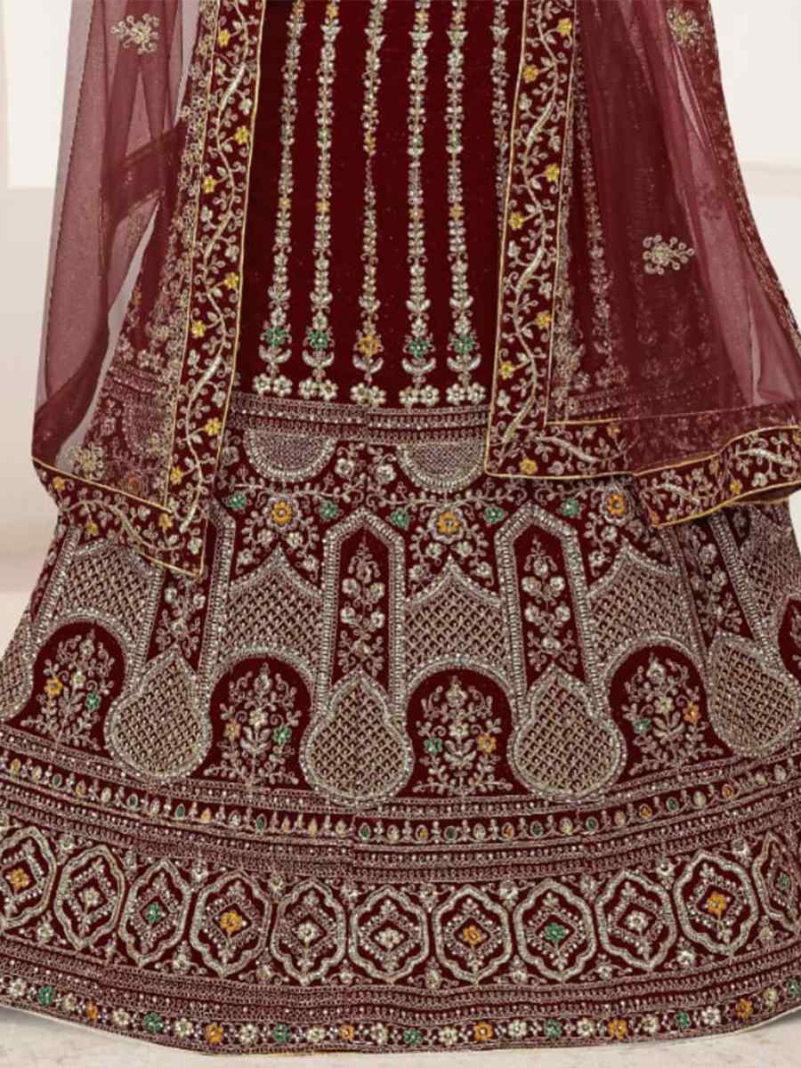Maroon Velvet Embroidered Bridal Wedding Heavy Border Lehenga Choli