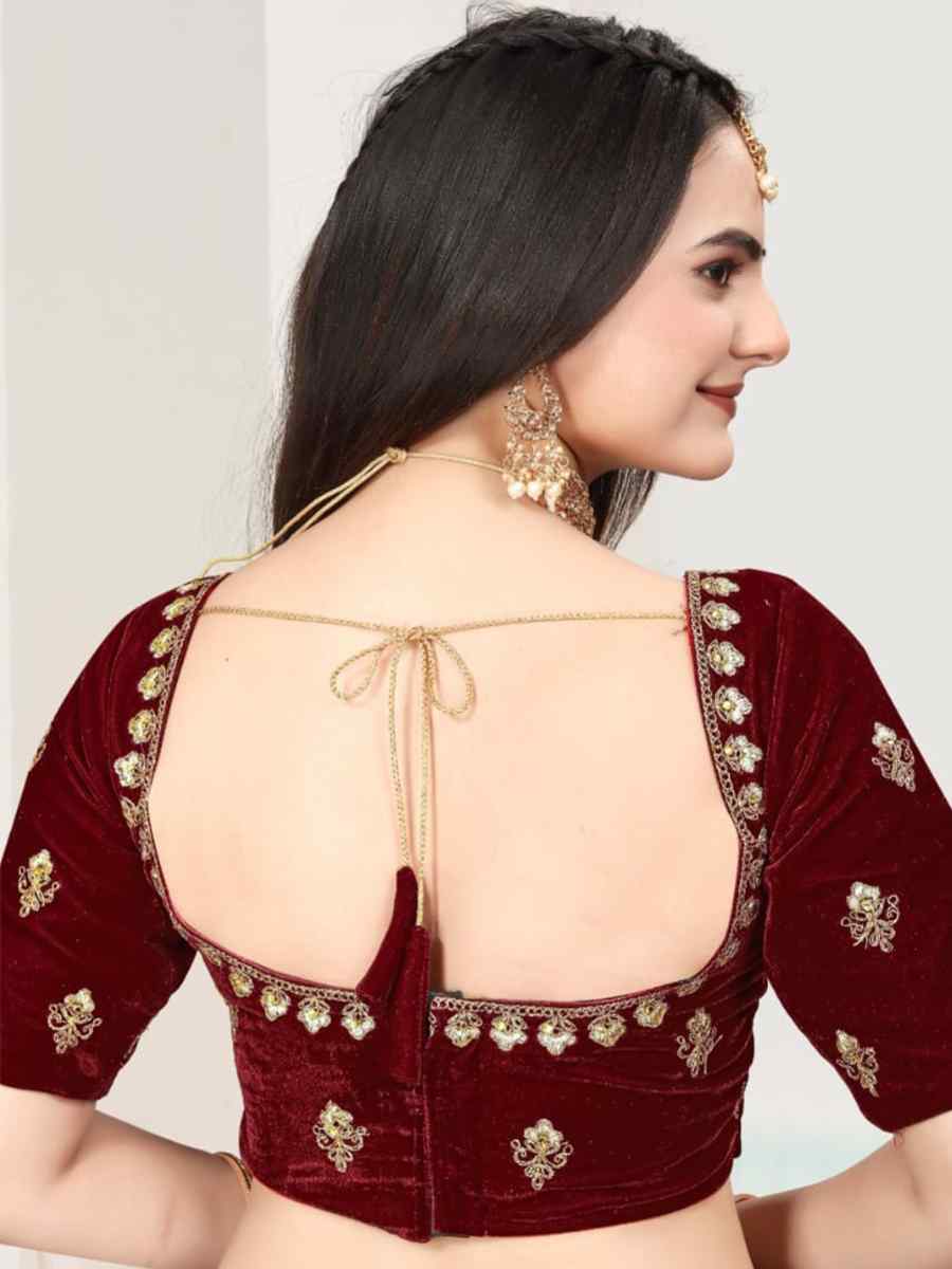 Maroon Velvet Embroidered Bridal Wedding Heavy Border Lehenga Choli