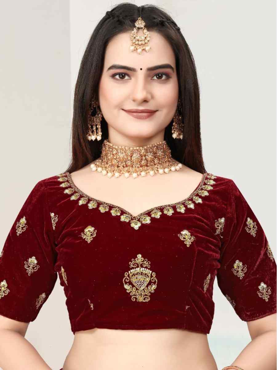 Maroon Velvet Embroidered Bridal Wedding Heavy Border Lehenga Choli