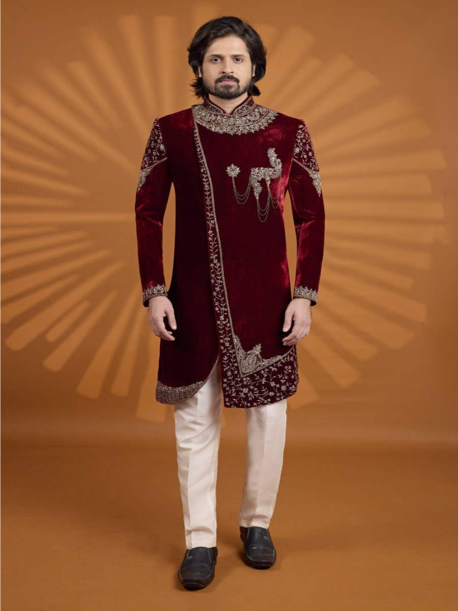 Maroon Velvet Embroidered Computer Thread work Wedding Party Festival Groom Sherwani
