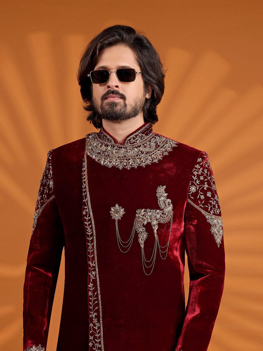 Maroon Velvet Embroidered Computer Thread work Wedding Party Festival Groom Sherwani
