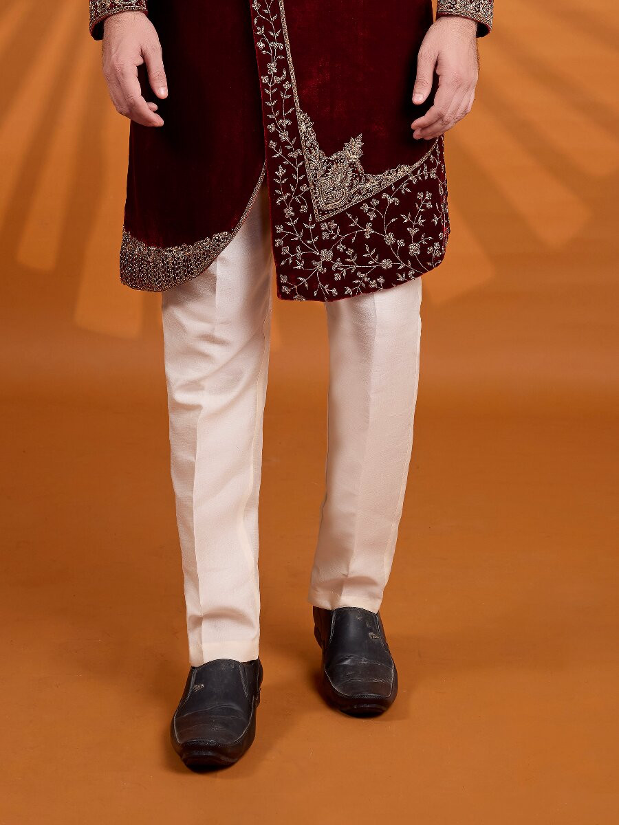 Maroon Velvet Embroidered Computer Thread work Wedding Party Festival Groom Sherwani