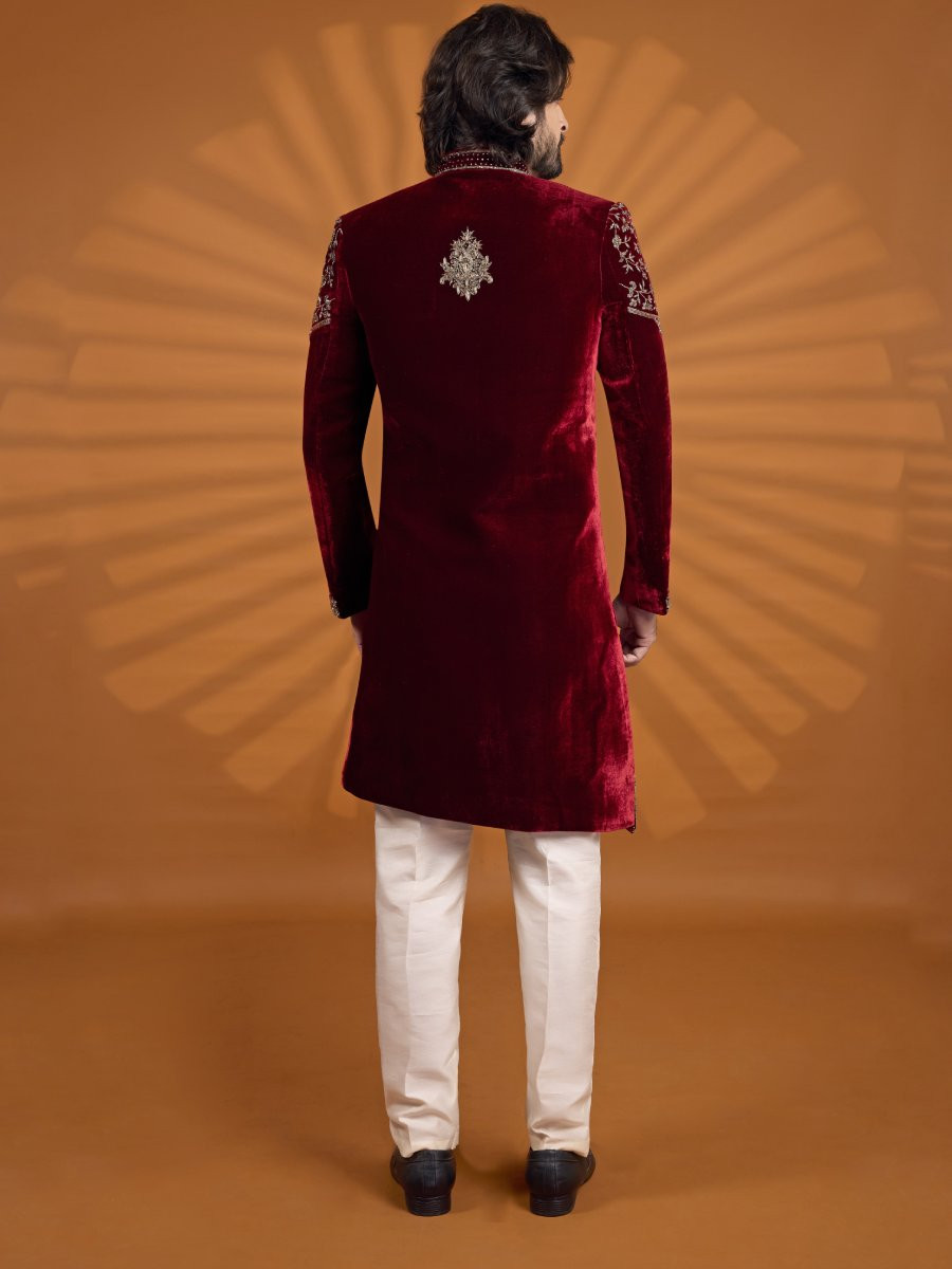 Maroon Velvet Embroidered Computer Thread work Wedding Party Festival Groom Sherwani