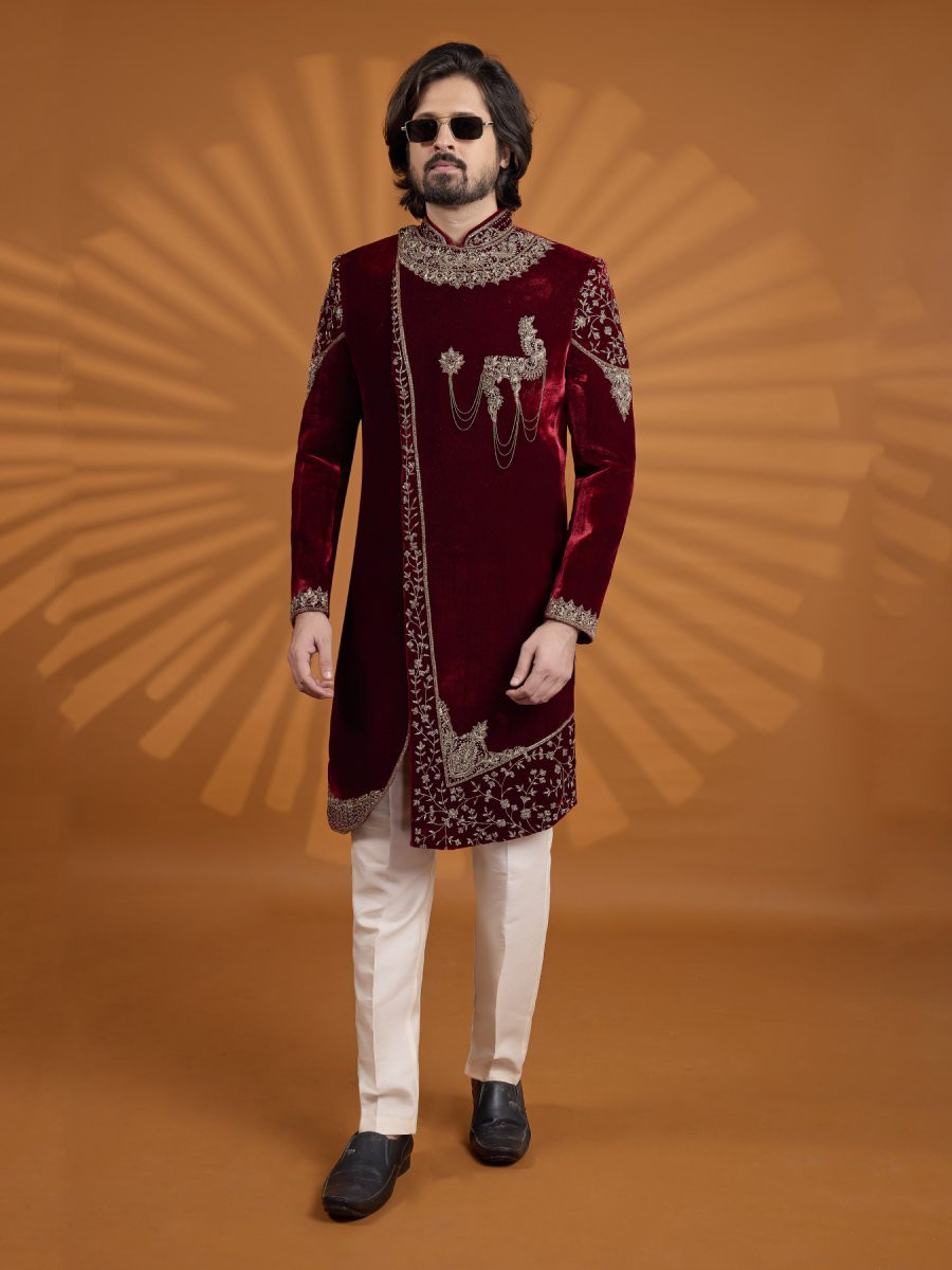 Maroon Velvet Embroidered Computer Thread work Wedding Party Festival Groom Sherwani