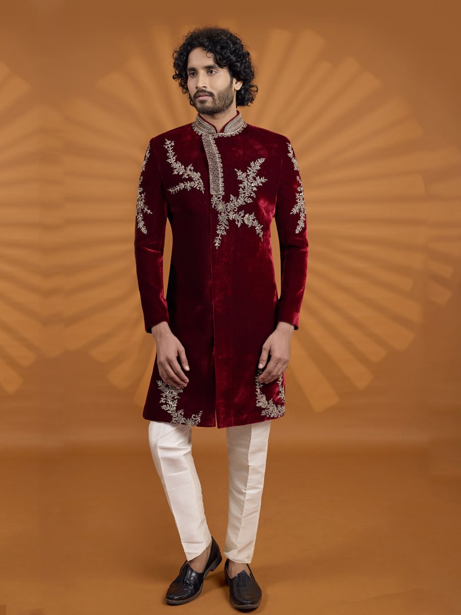 Maroon Velvet Embroidered Computer Thread work Wedding Party Festival Groom Sherwani