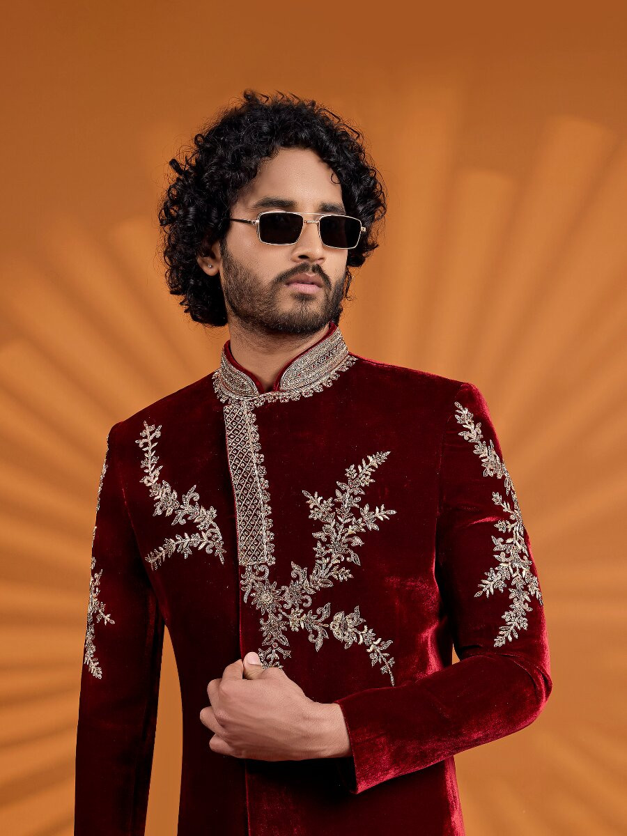 Maroon Velvet Embroidered Computer Thread work Wedding Party Festival Groom Sherwani