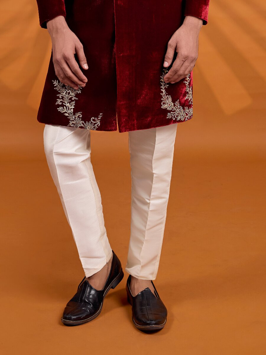 Maroon Velvet Embroidered Computer Thread work Wedding Party Festival Groom Sherwani