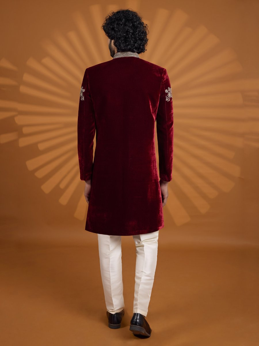 Maroon Velvet Embroidered Computer Thread work Wedding Party Festival Groom Sherwani
