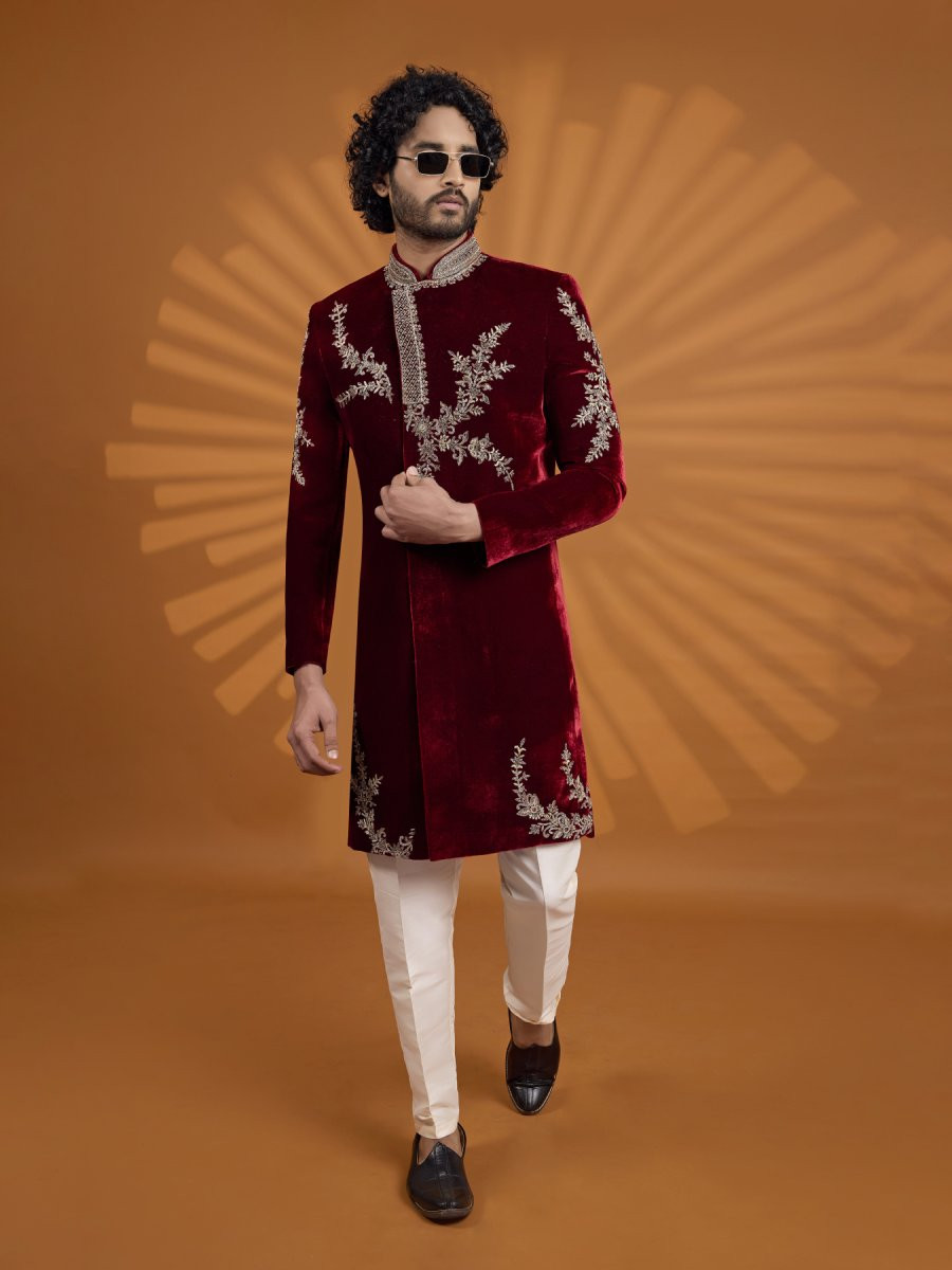 Maroon Velvet Embroidered Computer Thread work Wedding Party Festival Groom Sherwani