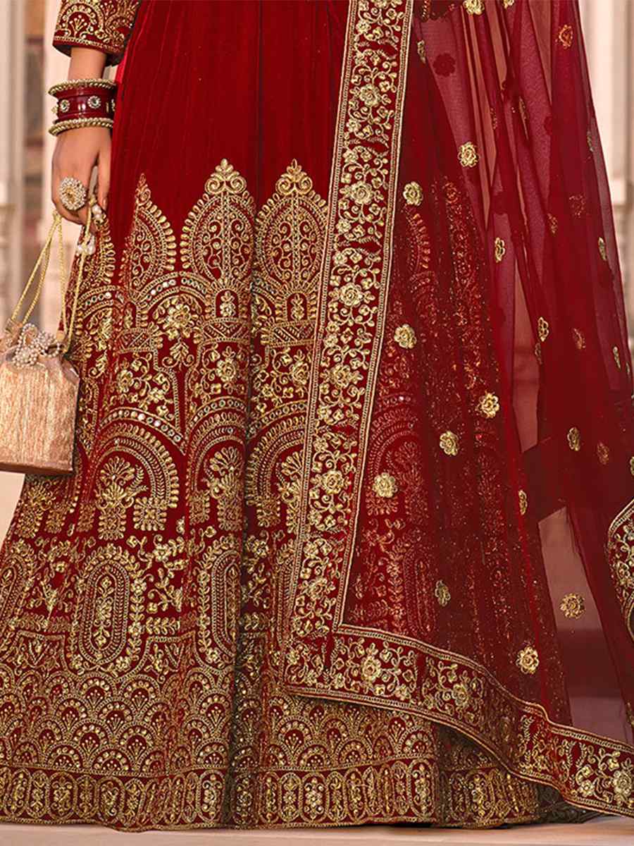 Maroon Velvet Embroidered Engagement Wedding Anarkali Salwar Kameez