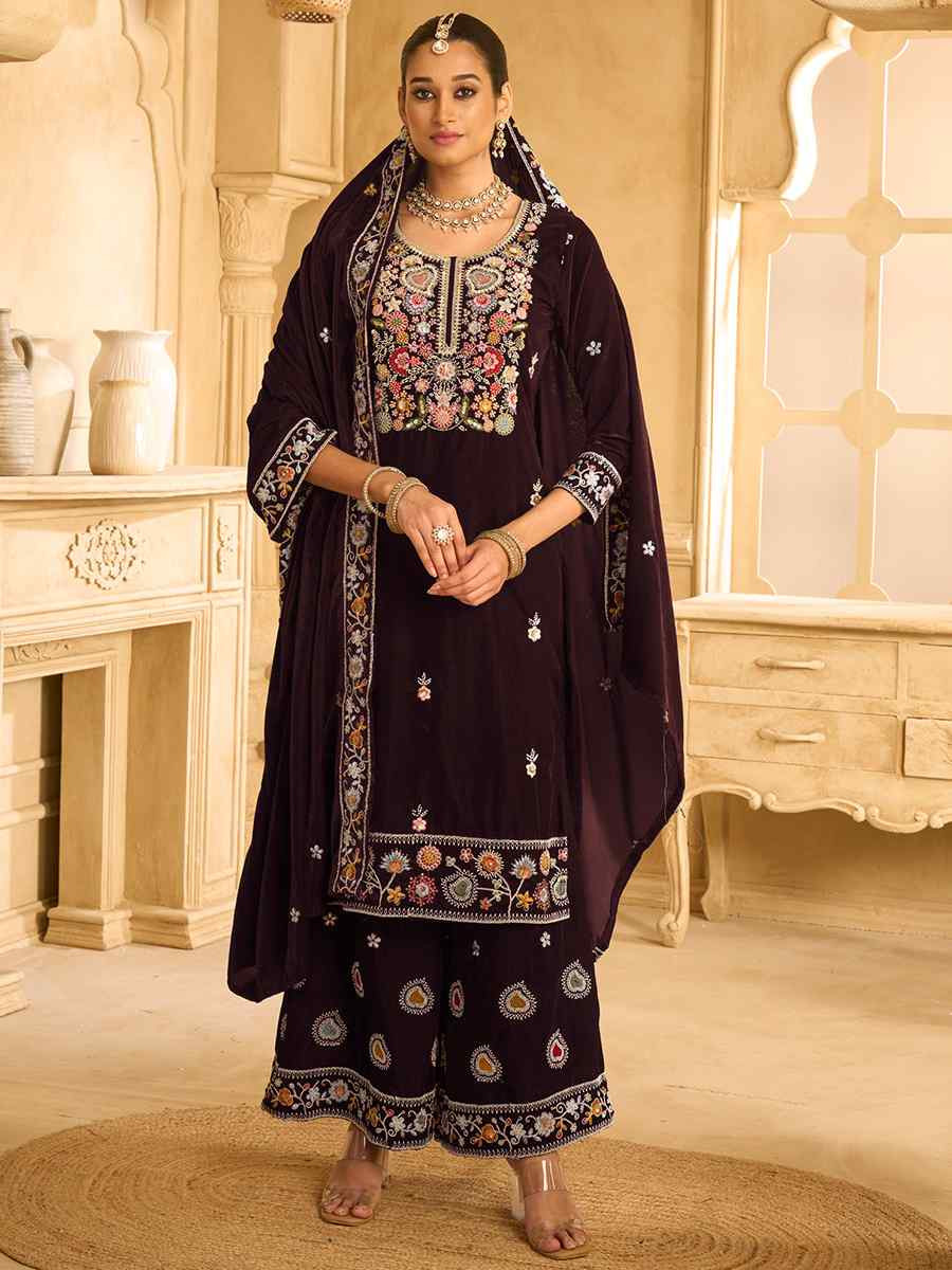 Maroon Velvet Embroidered Festival Casual Palazzo Pant Salwar Kameez