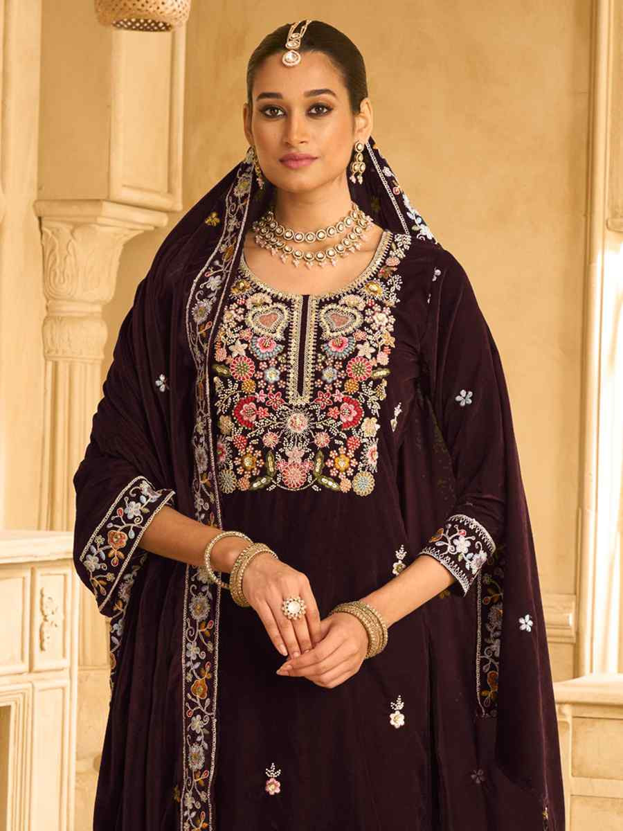 Maroon Velvet Embroidered Festival Casual Palazzo Pant Salwar Kameez