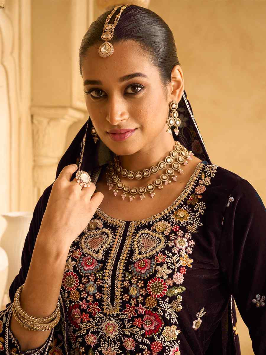 Maroon Velvet Embroidered Festival Casual Palazzo Pant Salwar Kameez