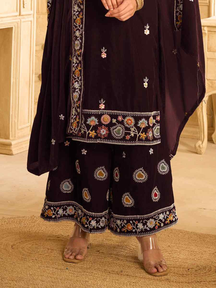 Maroon Velvet Embroidered Festival Casual Palazzo Pant Salwar Kameez