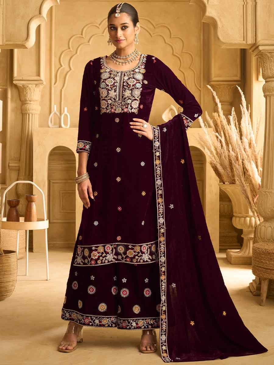 Maroon Velvet Embroidered Festival Casual Palazzo Pant Salwar Kameez