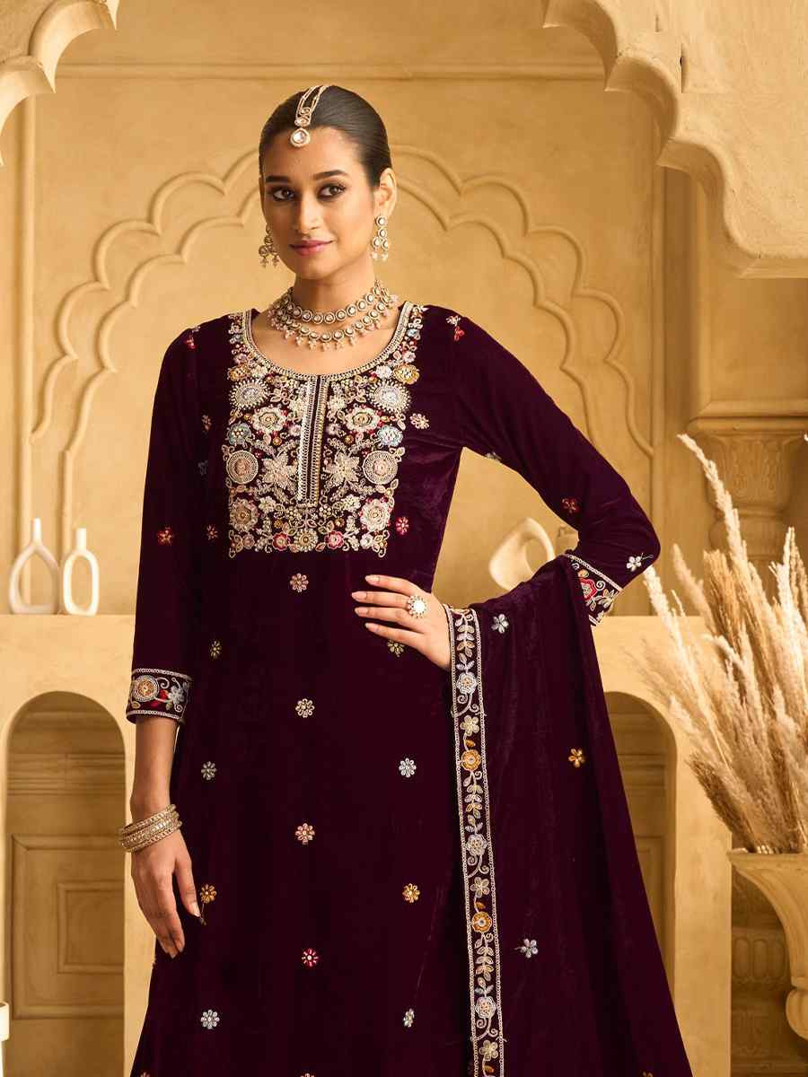 Maroon Velvet Embroidered Festival Casual Palazzo Pant Salwar Kameez