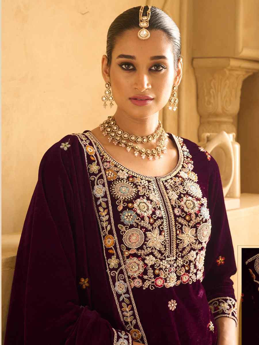 Maroon Velvet Embroidered Festival Casual Palazzo Pant Salwar Kameez