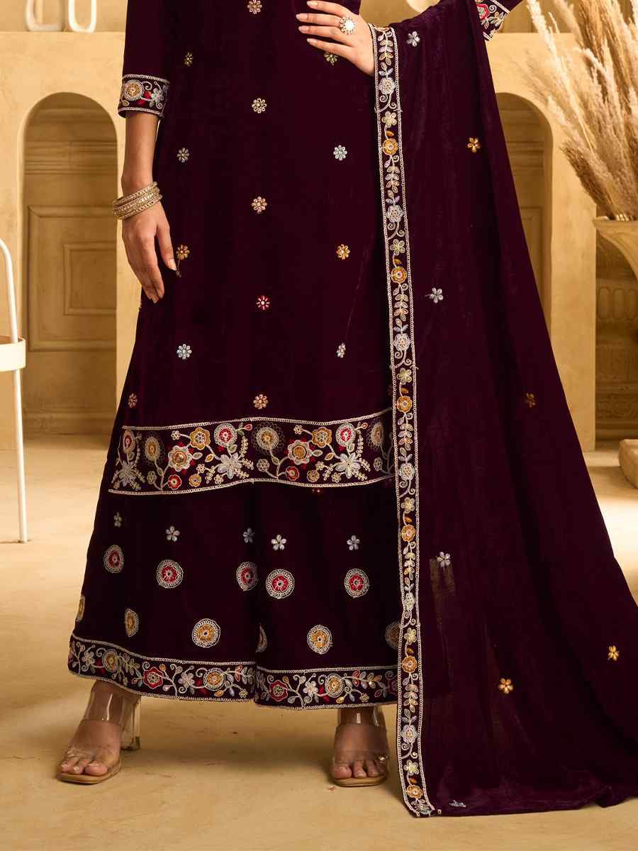 Maroon Velvet Embroidered Festival Casual Palazzo Pant Salwar Kameez
