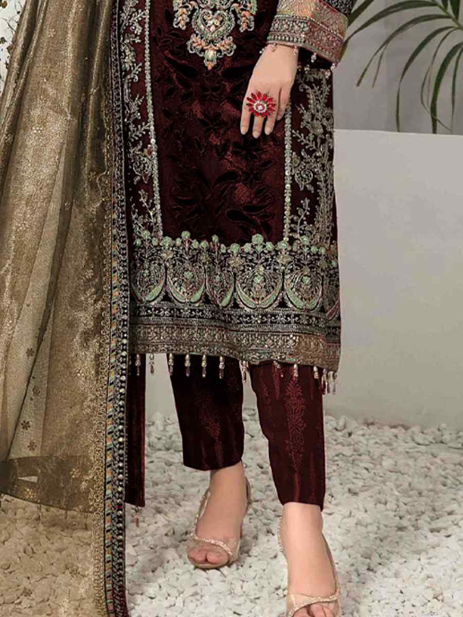 Maroon Velvet Embroidered Festival Casual Pant Salwar Kameez