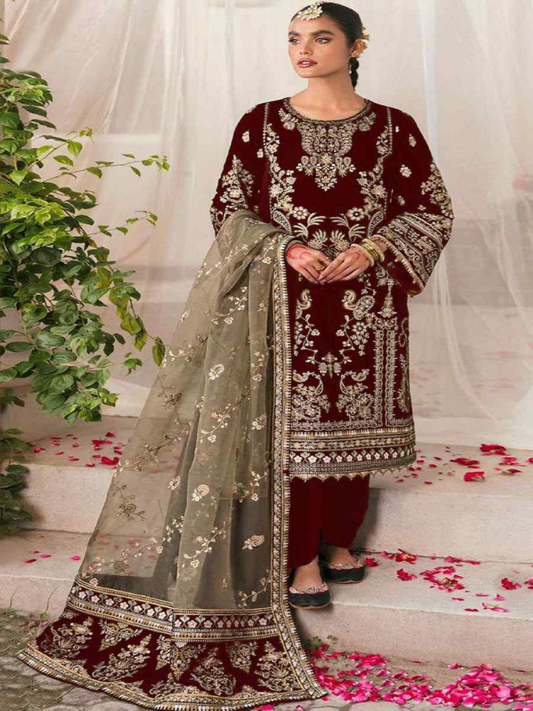 Maroon Velvet Embroidered Festival Casual Pant Salwar Kameez
