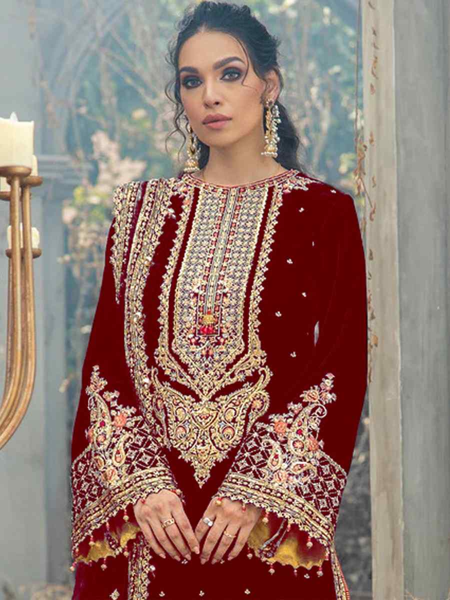 Maroon Velvet Embroidered Festival Wedding Palazzo Pant Salwar Kameez