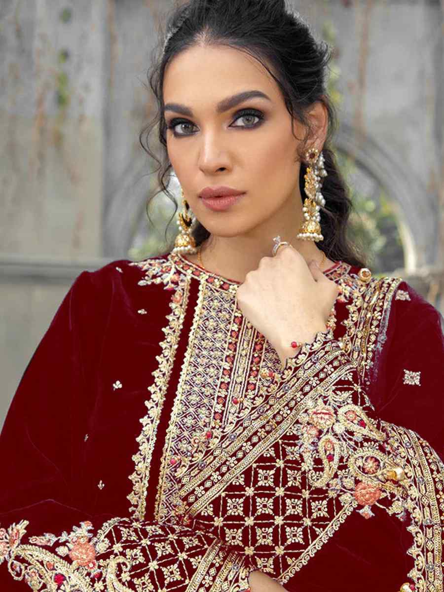 Maroon Velvet Embroidered Festival Wedding Palazzo Pant Salwar Kameez