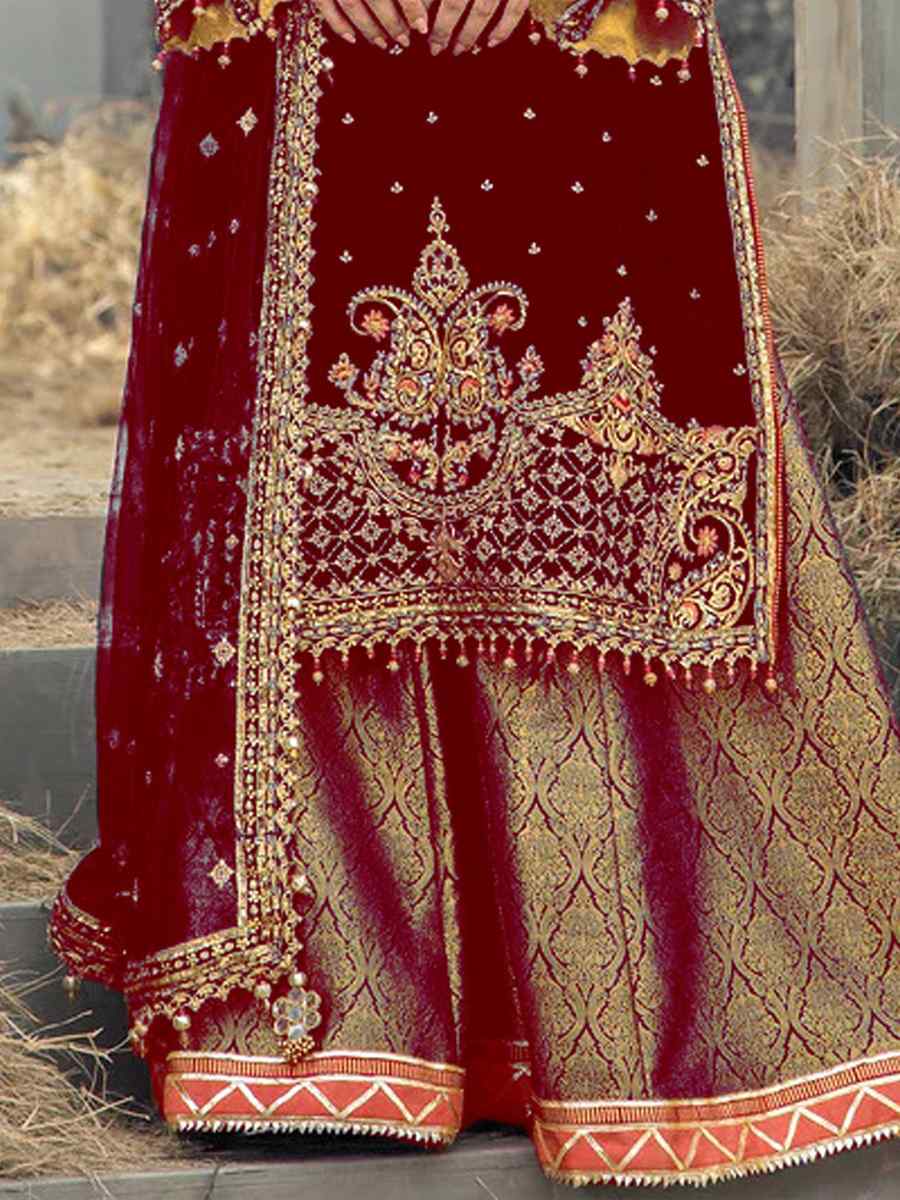 Maroon Velvet Embroidered Festival Wedding Palazzo Pant Salwar Kameez