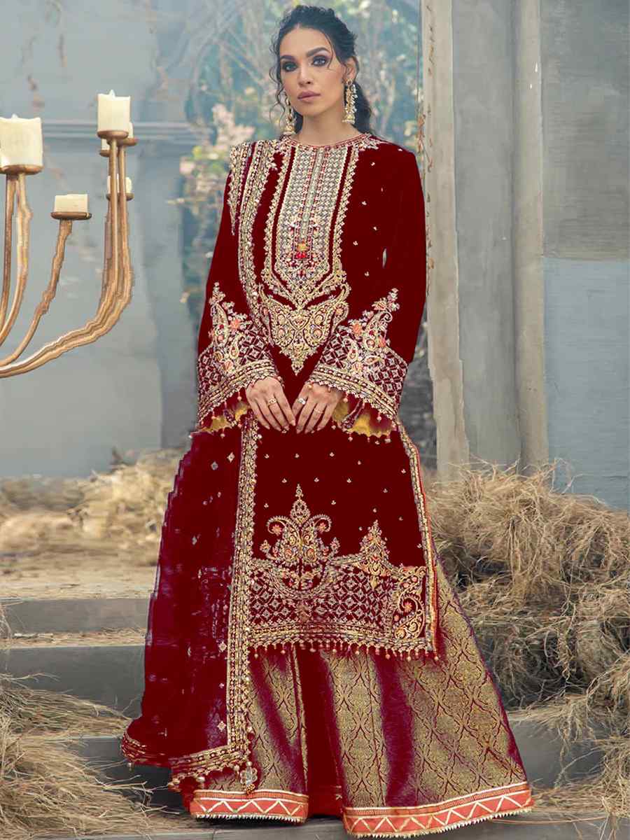 Maroon Velvet Embroidered Festival Wedding Palazzo Pant Salwar Kameez